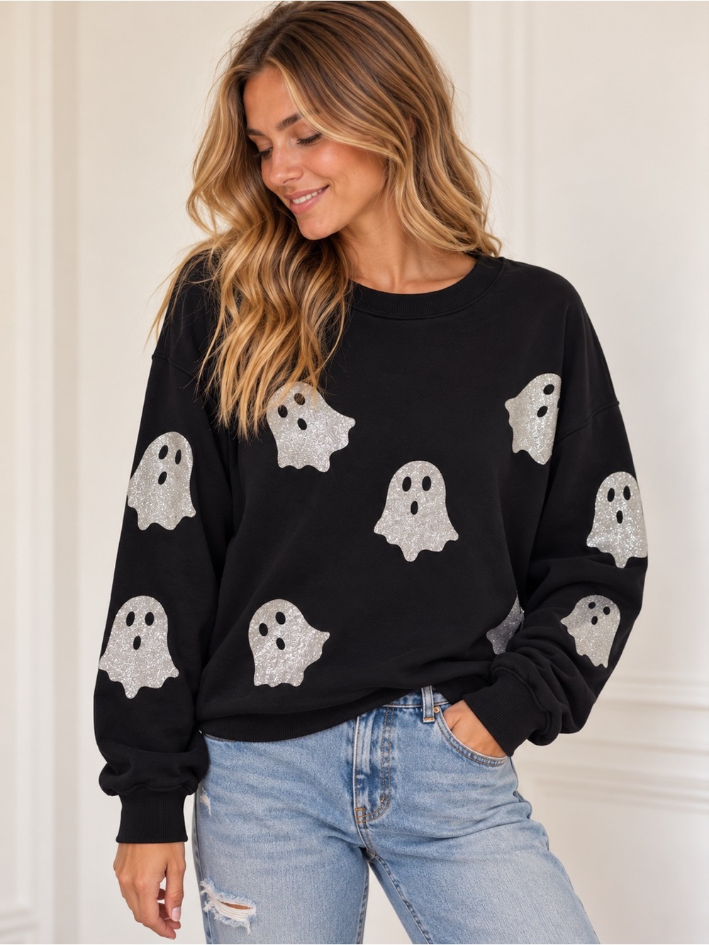 Black Women's Ghost Print Crewneck Sweater